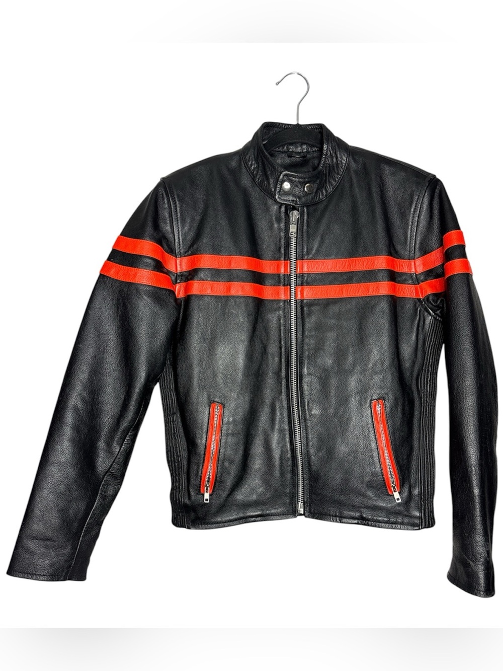 Black Pebbled Leather Cafe Racer Moto Jacket with Orange Racing Stripes, Size S